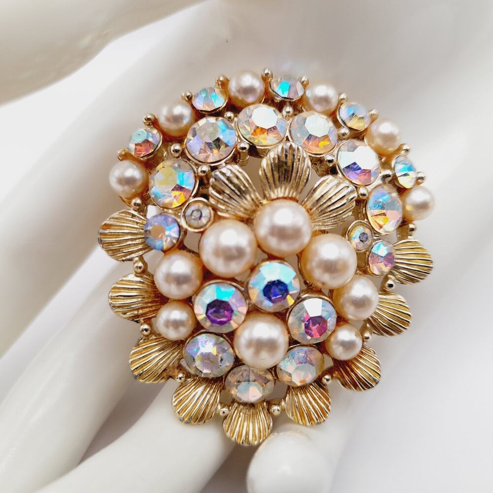 Vintage AB Rhinestone Faux Pearl Brooch Gold Tone Floral Wreath Pin
